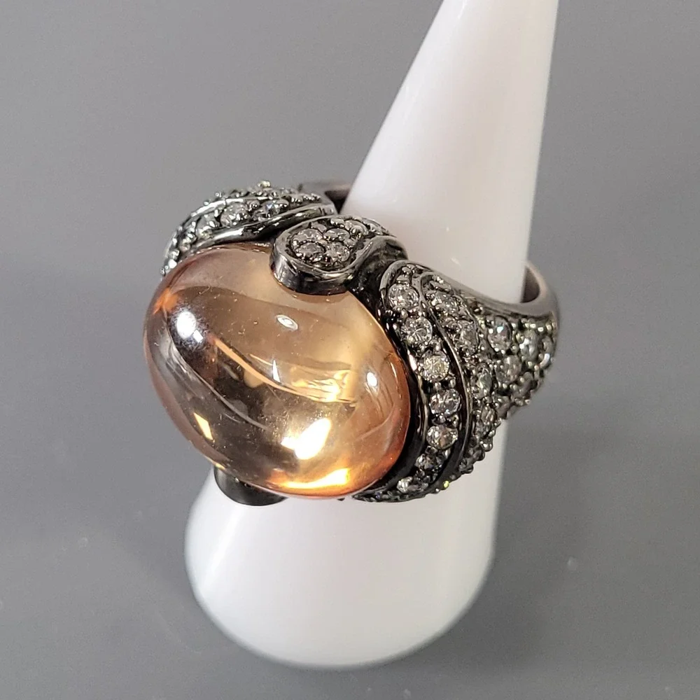 Sterling Silver Ring Chunky Mens Amber Cabochon Pave Size 7.25 Heavy 26.8g 925